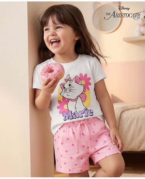 Babyhug Disney Single Jersey Knit Half Sleeves T-Shirt & Shorts Night Suit with Marie Graphics - White & Pink