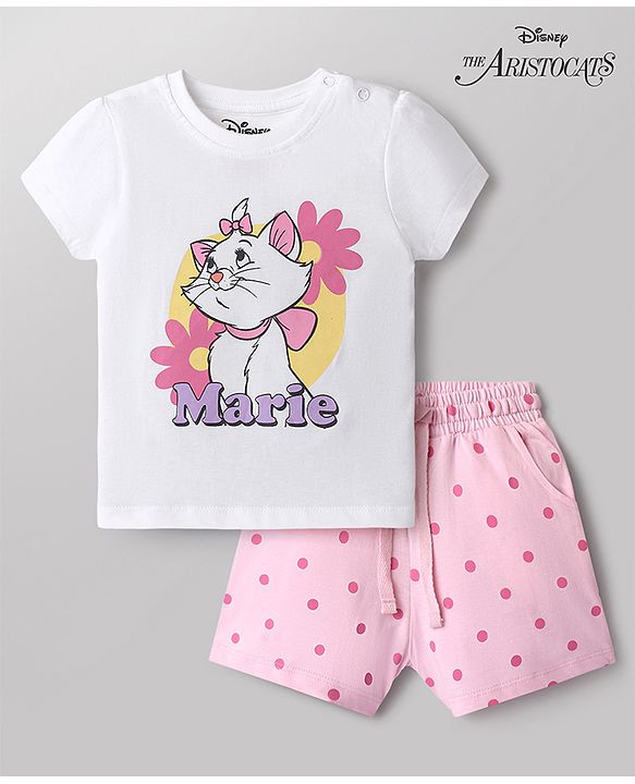 Babyhug Disney Single Jersey Knit Half Sleeves T-Shirt & Shorts Night Suit with Marie Graphics - White & Pink