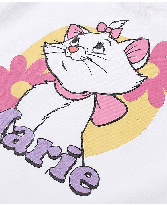 Babyhug Disney Single Jersey Knit Half Sleeves T-Shirt & Shorts Night Suit with Marie Graphics - White & Pink