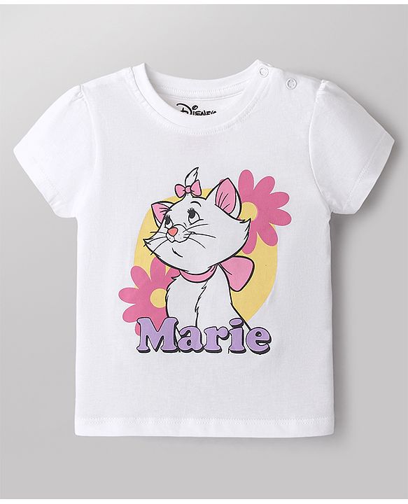 Babyhug Disney Single Jersey Knit Half Sleeves T-Shirt & Shorts Night Suit with Marie Graphics - White & Pink
