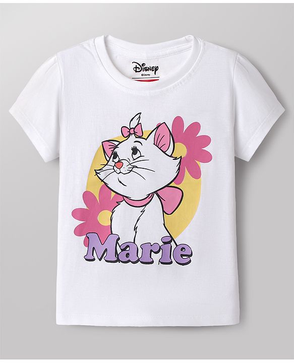 Babyhug Disney Single Jersey Knit Half Sleeves T-Shirt & Shorts Night Suit with Marie Graphics - White & Pink