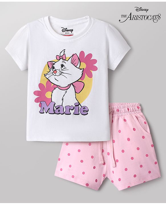 Babyhug Disney Single Jersey Knit Half Sleeves T-Shirt & Shorts Night Suit with Marie Graphics - White & Pink