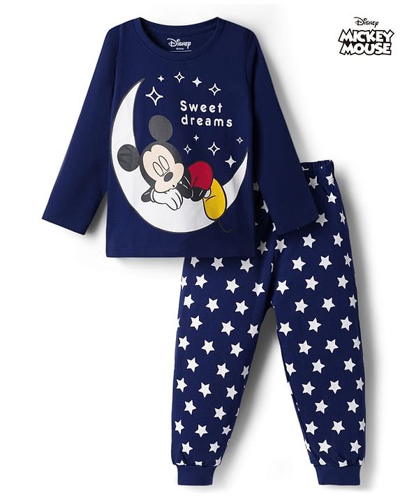 Babyhug Disney 100% Cotton Knit Full Sleeves T-Shirt & Pyjama Night Suit With Micky Mouse Graphics - Navy Blue