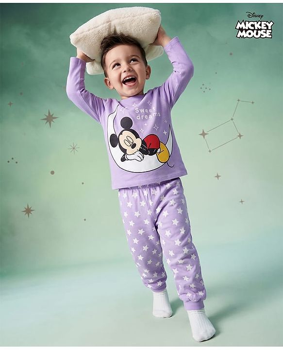 Babyhug Disney Single Jersey Knit Full Sleeves T-Shirt & Pyjama Night Suit With Mickey Mouse Graphics - Lavender