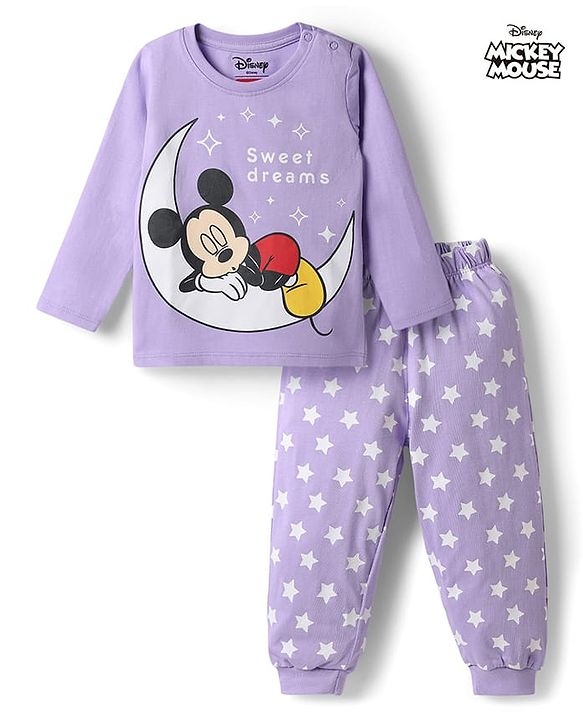 Babyhug Disney Single Jersey Knit Full Sleeves T-Shirt & Pyjama Night Suit With Mickey Mouse Graphics - Lavender
