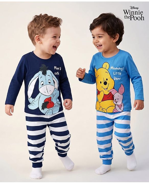 Babyhug Disney Single Jersey Knit Full Sleeves T-Shirt & Pajama Night Suit Winnie & Friends Graphics Pack of 2 - Navy
