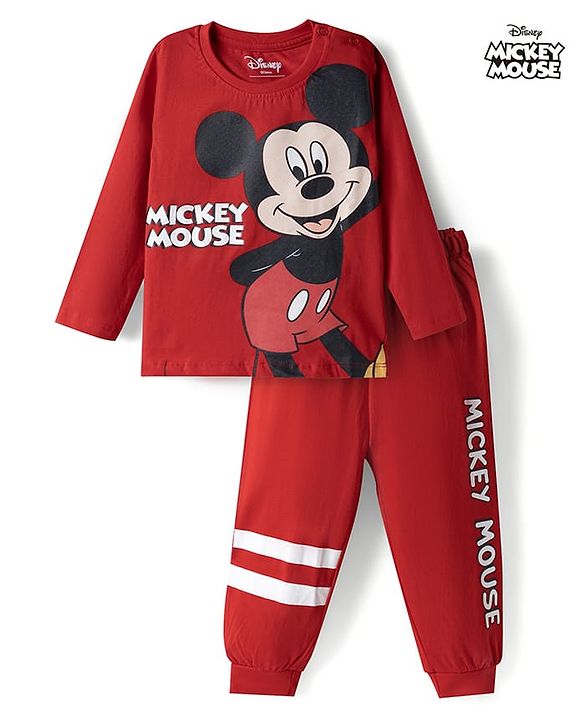 Babyhug Disney 100% Cotton Knit Full Sleeves T-Shirt & Pyjama Night Suit With Mickey Mouse Graphic - Red