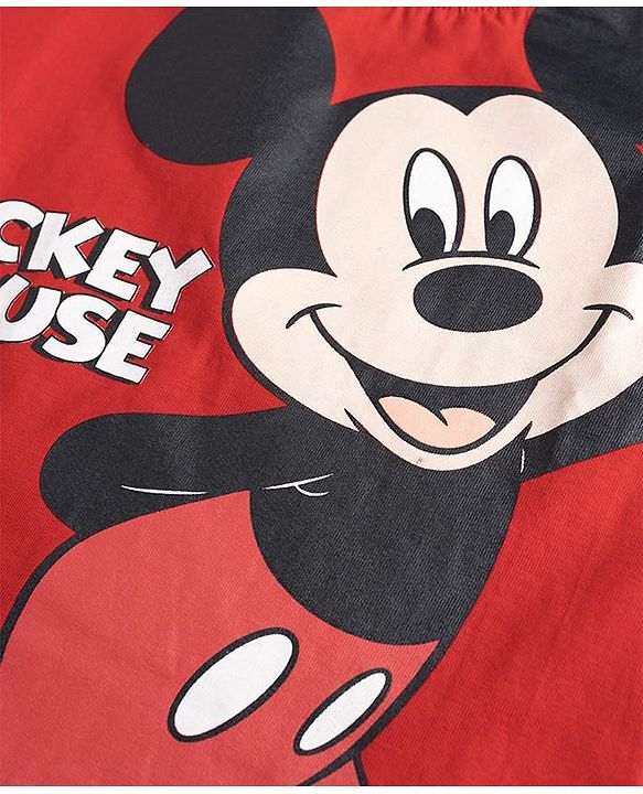Babyhug Disney 100% Cotton Knit Full Sleeves T-Shirt & Pyjama Night Suit With Mickey Mouse Graphic - Red