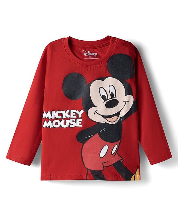 Babyhug Disney 100% Cotton Knit Full Sleeves T-Shirt & Pyjama Night Suit With Mickey Mouse Graphic - Red