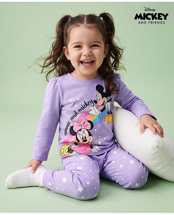 Babyhug Disney 100% Cotton Knit Full Sleeves T-Shirt & Pyjama Night Suit With Minnie & Mickey Mouse Graphic - Lavender