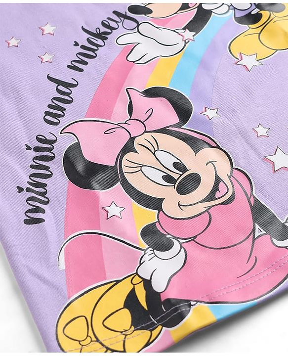 Babyhug Disney 100% Cotton Knit Full Sleeves T-Shirt & Pyjama Night Suit With Minnie & Mickey Mouse Graphic - Lavender