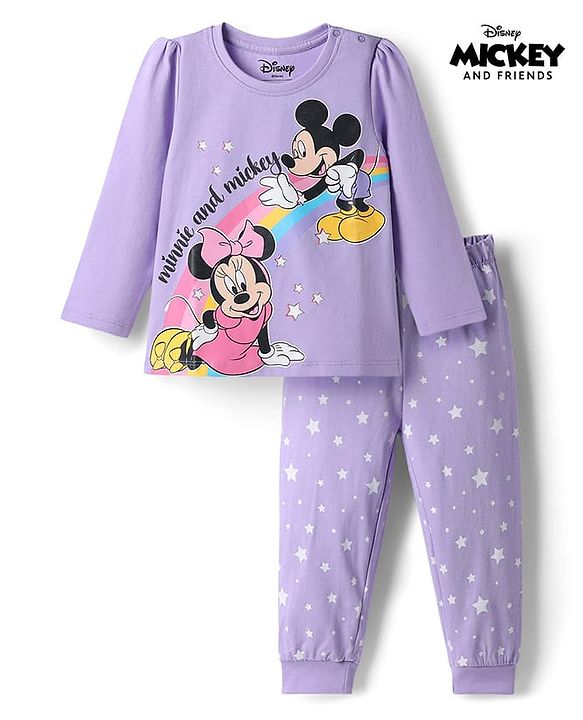 Babyhug Disney 100% Cotton Knit Full Sleeves T-Shirt & Pyjama Night Suit With Minnie & Mickey Mouse Graphic - Lavender