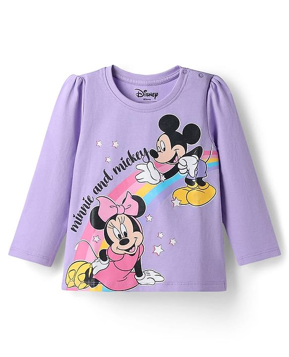 Babyhug Disney 100% Cotton Knit Full Sleeves T-Shirt & Pyjama Night Suit With Minnie & Mickey Mouse Graphic - Lavender