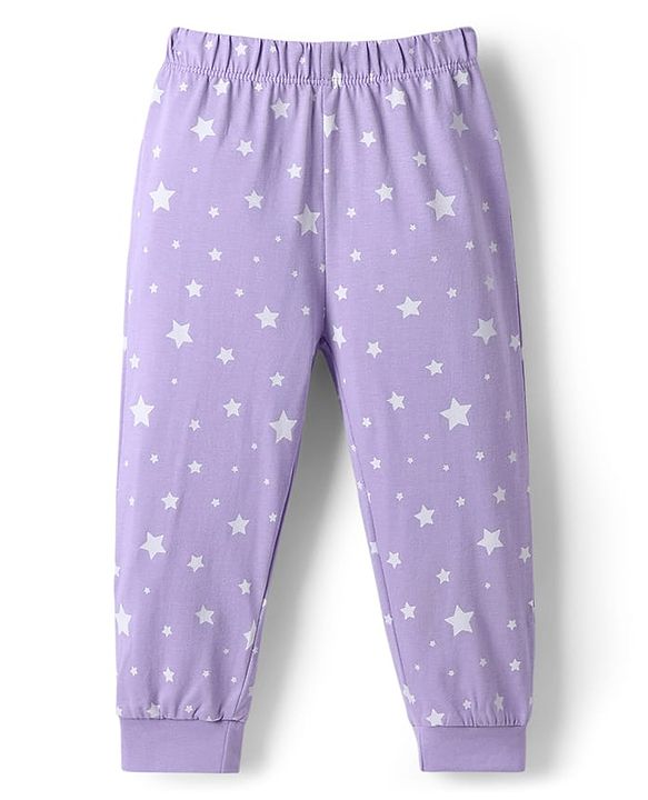 Babyhug Disney 100% Cotton Knit Full Sleeves T-Shirt & Pyjama Night Suit With Minnie & Mickey Mouse Graphic - Lavender