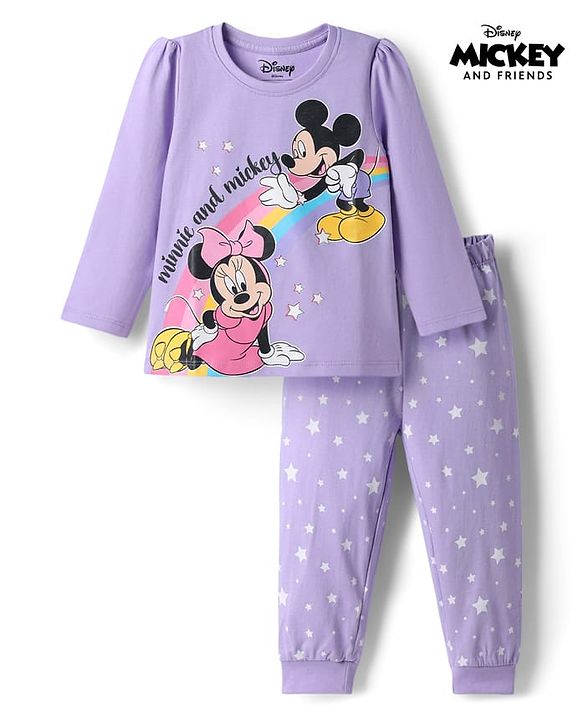 Babyhug Disney 100% Cotton Knit Full Sleeves T-Shirt & Pyjama Night Suit With Minnie & Mickey Mouse Graphic - Lavender