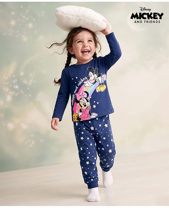 Babyhug Disney Single Jersey Knit Full Sleeves T-Shirt & Pyjama Night Suit with Minnie Mouse Graphics - Navy Blue
