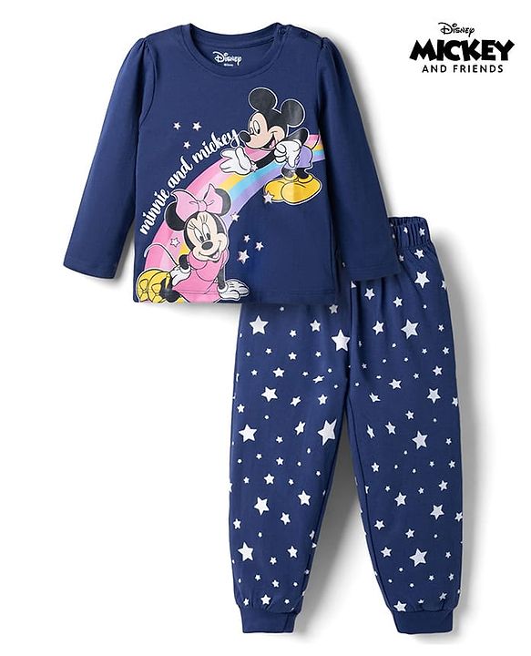 Babyhug Disney Single Jersey Knit Full Sleeves T-Shirt & Pyjama Night Suit with Minnie Mouse Graphics - Navy Blue