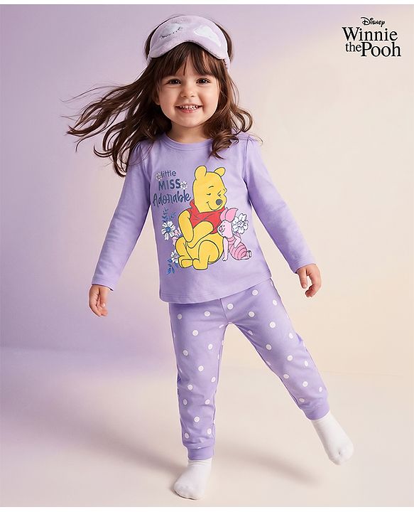 Babyhug Disney Single Jersey Knit Full Sleeves Winnie the Pooh Graphics T-Shirt & Pyjama Night Suit - Lavender