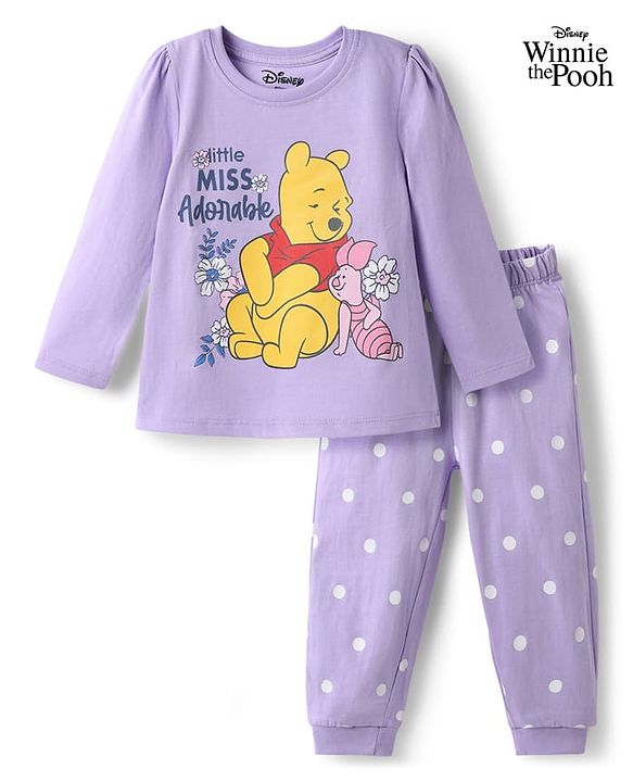 Babyhug Disney Single Jersey Knit Full Sleeves Winnie the Pooh Graphics T-Shirt & Pyjama Night Suit - Lavender