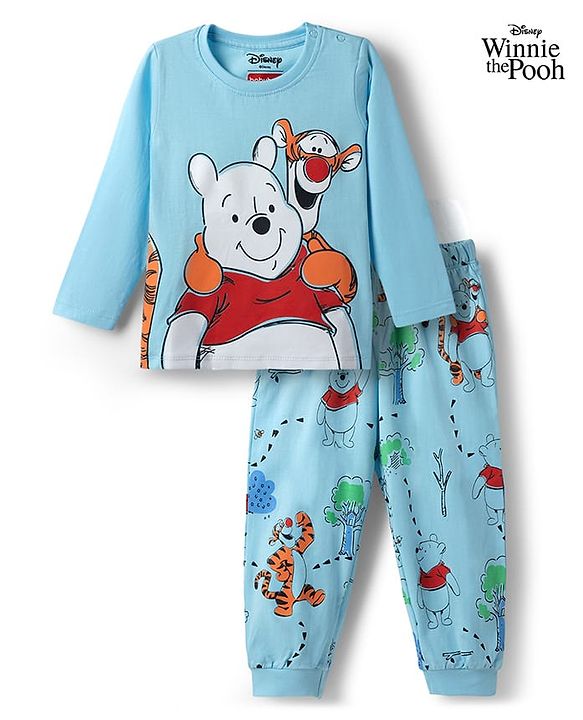 Babyhug Disney 100% Cotton Knit Full Sleeves T-Shirt & Pyjama Night Suit With Winnie The Pooh Graphics - Light Blue