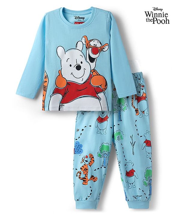 Babyhug Disney 100% Cotton Knit Full Sleeves T-Shirt & Pyjama Night Suit With Winnie The Pooh Graphics - Light Blue