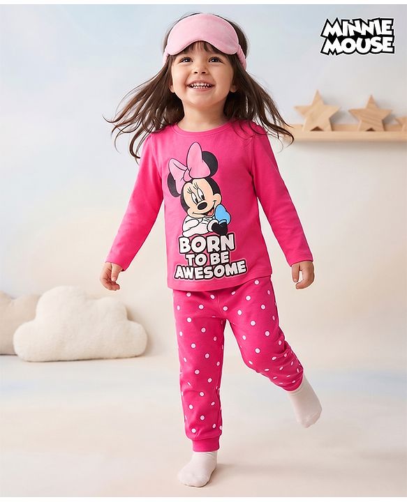 Babyhug Disney 100% Cotton Knit Full Sleeves T-Shirt & Pyjama Night Suit With Minnie Mouse Graphic - Pink