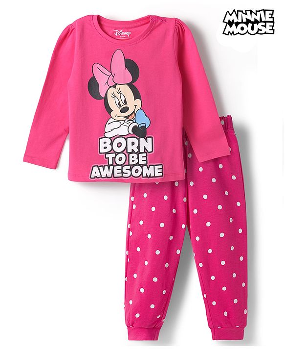 Babyhug Disney 100% Cotton Knit Full Sleeves T-Shirt & Pyjama Night Suit With Minnie Mouse Graphic - Pink