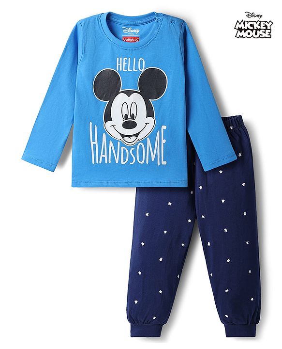 Babyhug Disney 100% Cotton Knit Full Sleeves T-Shirt & Pyjama Night Suit With Mickey Mouse Graphic - Multicolor
