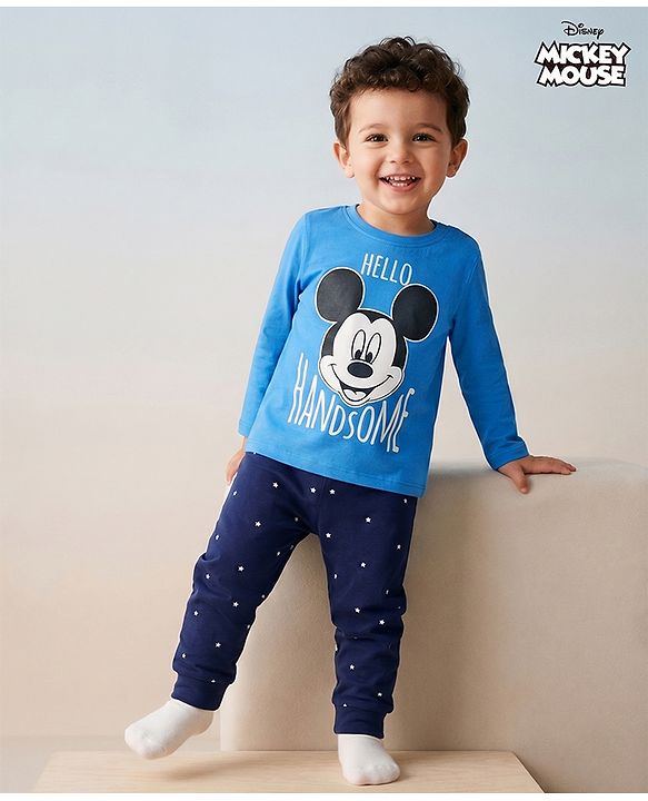 Babyhug Disney 100% Cotton Knit Full Sleeves T-Shirt & Pyjama Night Suit With Mickey Mouse Graphic - Multicolor