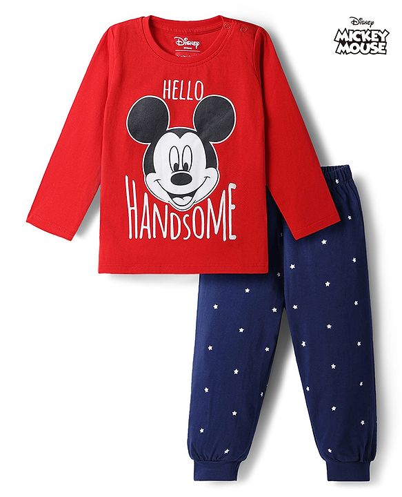 Babyhug Disney 100% Cotton Knit Full Sleeves T-Shirt & Pyjama Night Suit With Mickey Mouse Graphic - Multicolor