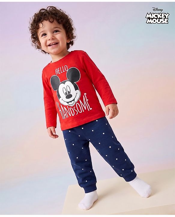 Babyhug Disney 100% Cotton Knit Full Sleeves T-Shirt & Pyjama Night Suit With Mickey Mouse Graphic - Multicolor