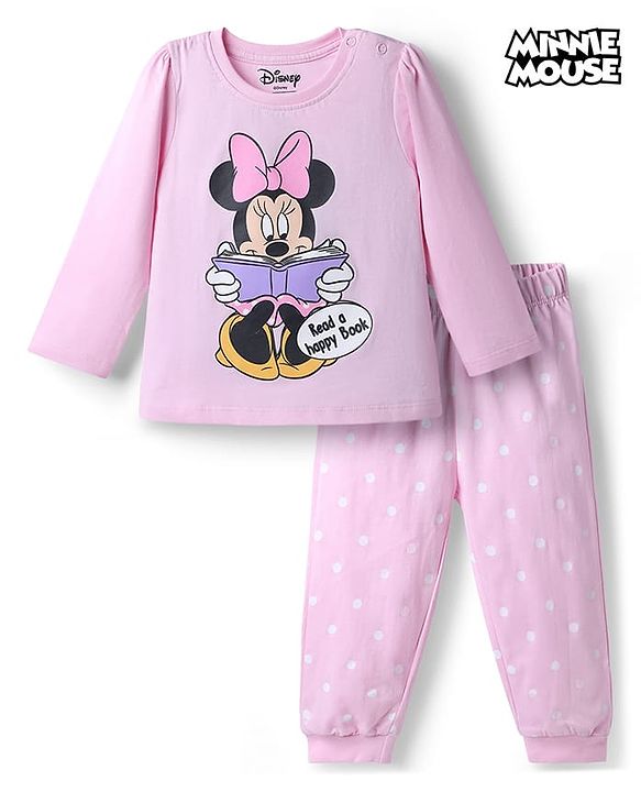 Babyhug Disney 100% Cotton Knit Full Sleeves T-Shirt & Pyjama Night Suit With Minnie Mouse & Polka Dots Graphic - Pink