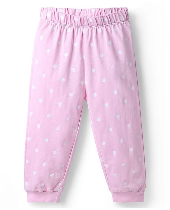 Babyhug Disney 100% Cotton Knit Full Sleeves T-Shirt & Pyjama Night Suit With Minnie Mouse & Polka Dots Graphic - Pink