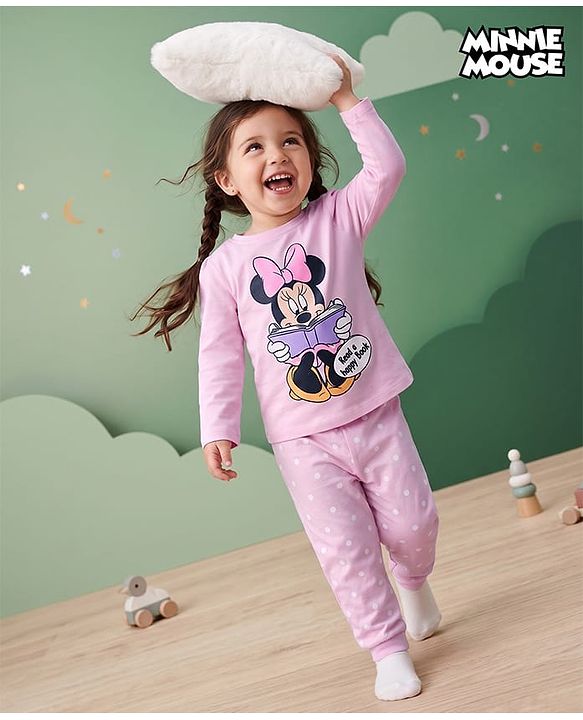 Babyhug Disney 100% Cotton Knit Full Sleeves T-Shirt & Pyjama Night Suit With Minnie Mouse & Polka Dots Graphic - Pink