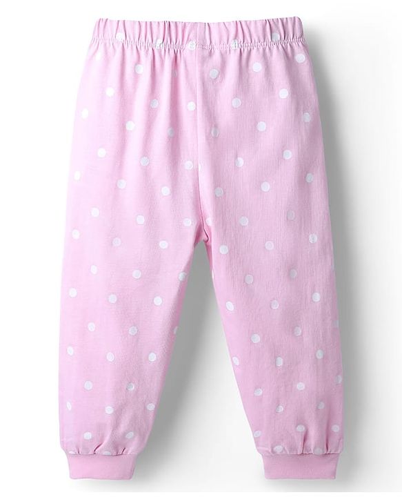 Babyhug Disney 100% Cotton Knit Full Sleeves T-Shirt & Pyjama Night Suit With Minnie Mouse & Polka Dots Graphic - Pink