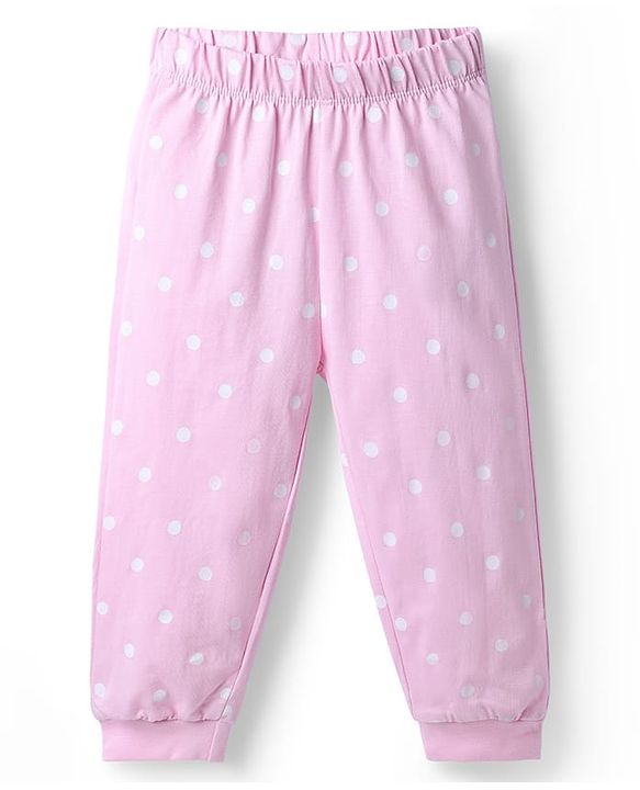 Babyhug Disney 100% Cotton Knit Full Sleeves T-Shirt & Pyjama Night Suit With Minnie Mouse & Polka Dots Graphic - Pink