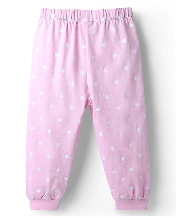 Babyhug Disney 100% Cotton Knit Full Sleeves T-Shirt & Pyjama Night Suit With Minnie Mouse & Polka Dots Graphic - Pink