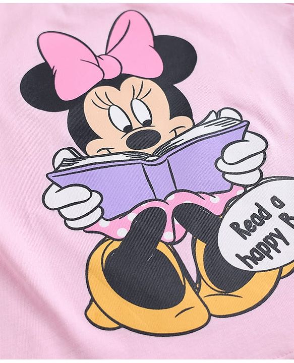 Babyhug Disney 100% Cotton Knit Full Sleeves T-Shirt & Pyjama Night Suit With Minnie Mouse & Polka Dots Graphic - Pink