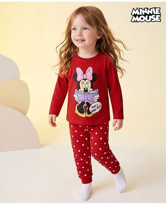 Babyhug Disney Single Jersey Knit Full Sleeves T-Shirt & Pajama Night Suit with Polka Dots & Minnie Mouse Graphics - Dark Red