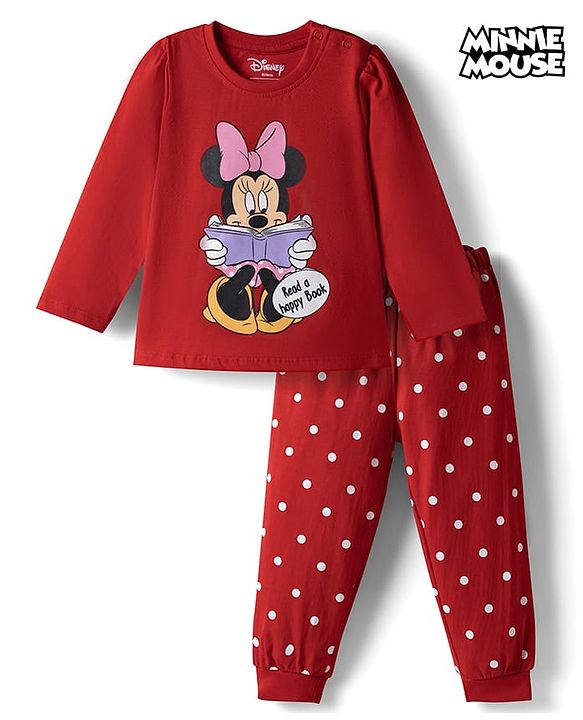Babyhug Disney Single Jersey Knit Full Sleeves T-Shirt & Pajama Night Suit with Polka Dots & Minnie Mouse Graphics - Dark Red