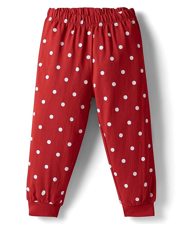 Babyhug Disney Single Jersey Knit Full Sleeves T-Shirt & Pajama Night Suit with Polka Dots & Minnie Mouse Graphics - Dark Red