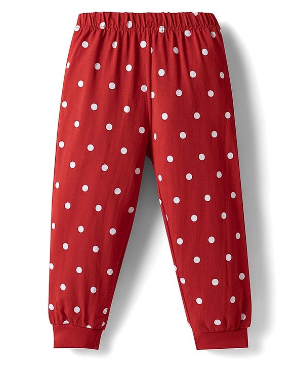Babyhug Disney Single Jersey Knit Full Sleeves T-Shirt & Pajama Night Suit with Polka Dots & Minnie Mouse Graphics - Dark Red