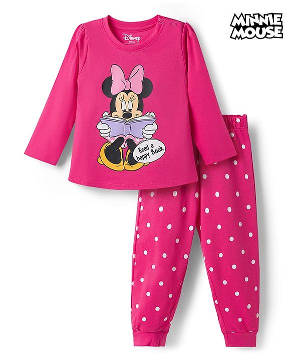 Babyhug Disney 100% Cotton Knit Full Sleeves T-Shirt & Pyjama Night Suit With Minnie Mouse Graphic - Pink