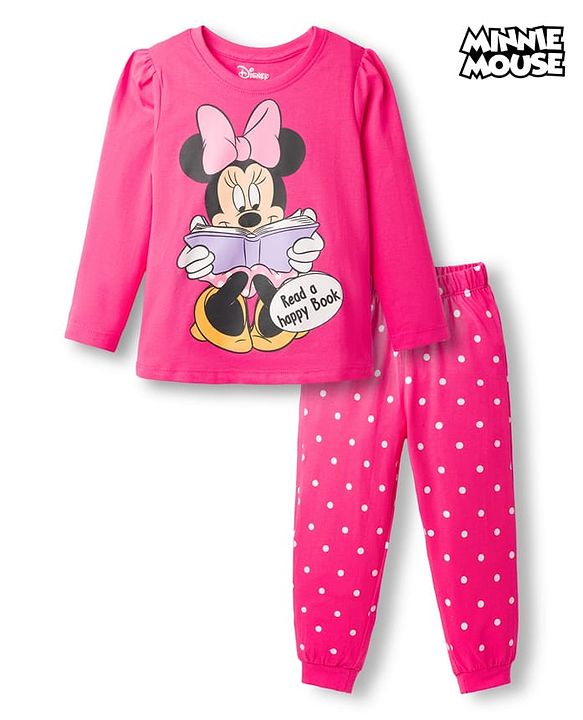 Babyhug Disney 100% Cotton Knit Full Sleeves T-Shirt & Pyjama Night Suit With Minnie Mouse Graphic - Pink