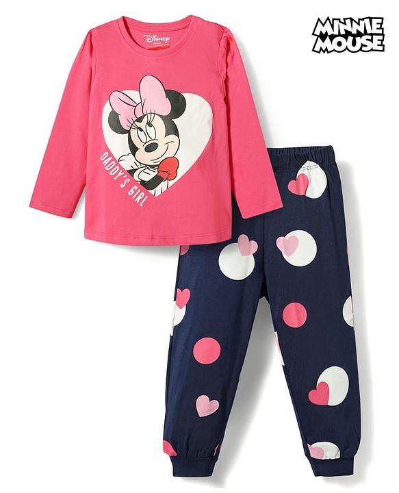 Babyhug Disney 100% Cotton Knit Full Sleeves T-Shirt & Pyjama Night Suit With Minnie Mouse Graphic - Multicolor