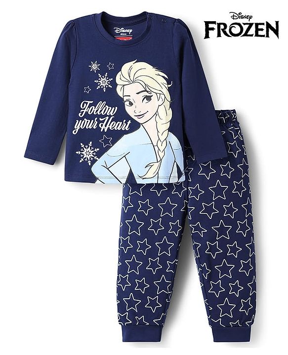 Babyhug Disney 100% Cotton Knit Full Sleeves T-Shirt & Pyjama Night Suit With Elsa Graphic - Navy Blue
