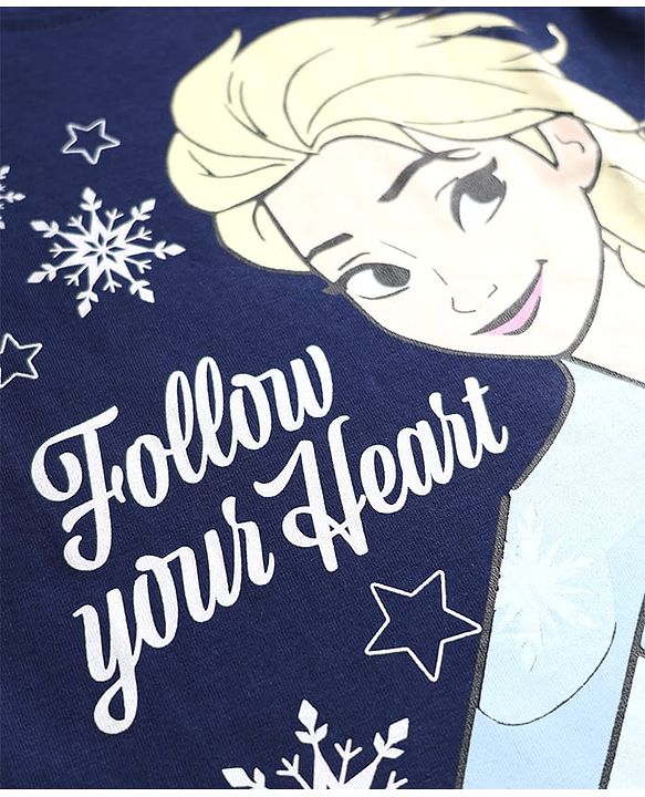 Babyhug Disney 100% Cotton Knit Full Sleeves T-Shirt & Pyjama Night Suit With Elsa Graphic - Navy Blue