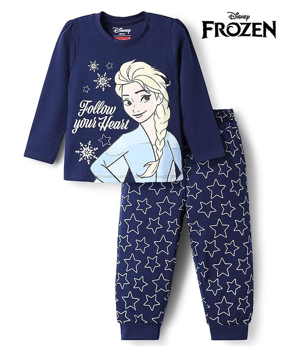Babyhug Disney 100% Cotton Knit Full Sleeves T-Shirt & Pyjama Night Suit With Elsa Graphic - Navy Blue