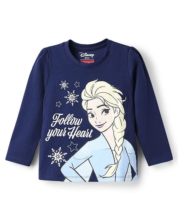 Babyhug Disney 100% Cotton Knit Full Sleeves T-Shirt & Pyjama Night Suit With Elsa Graphic - Navy Blue