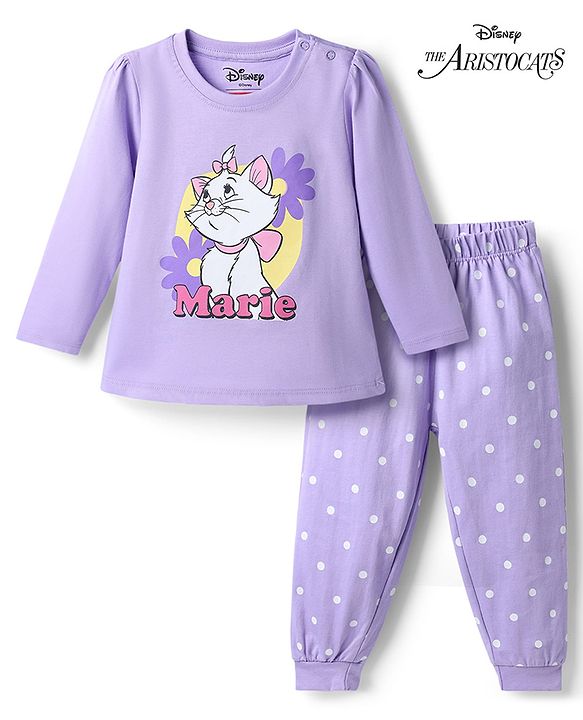 Babyhug Disney 100% Cotton Knit Full Sleeves T-Shirt & Pyjama Night Suit With Marie & Polka Dots Graphic - Lavender